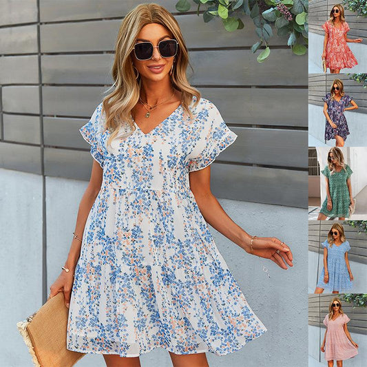 Cheky - Flowers Print Short-sleeved Dress Summer Loose Chiffon A-line Dresses Fashion Casual Holiday Beach Dress For Womens Clothing