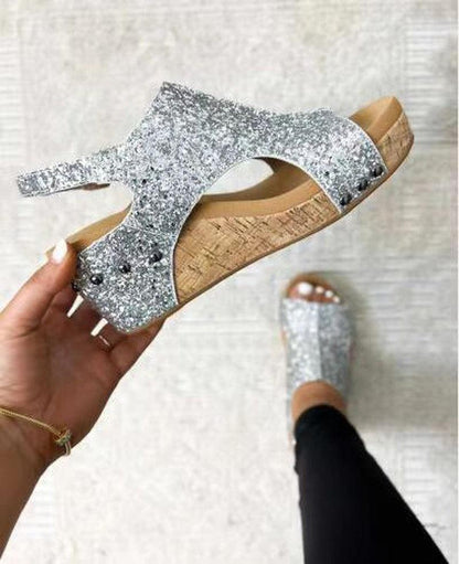 Cheky - Summer Chunky Wedges Sandals Fashion Sequins Velcro Shoes Women