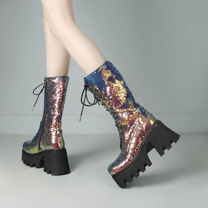 Cheky - Sequins Mid-calf Martin Boots Round Head Front