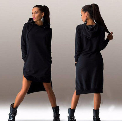 Cheky - Irregular Hooded Long Sleeve Dress Sweatshirt