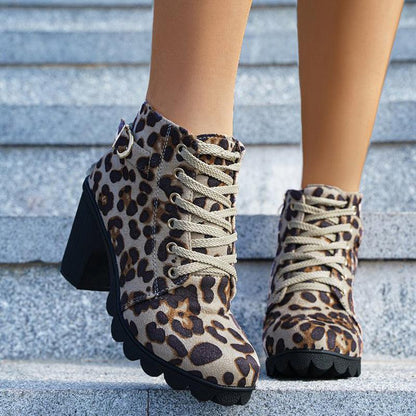 Cheky - Fashoin Leopard Print Ankle Boots Winter Square Heel Suede Lace-up Zip Boots Women Casual Versatile Shoes Autumn And Winter