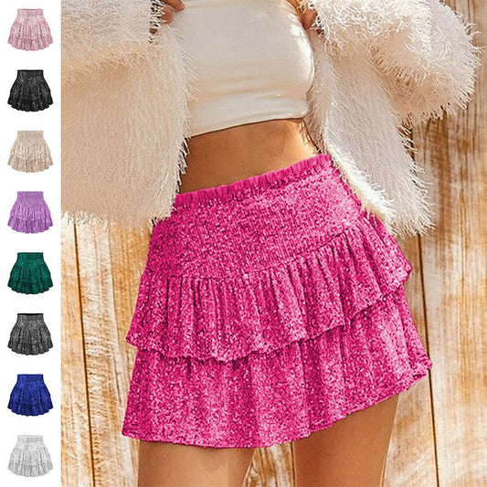 Cheky - High Waist Sequined Pleated Skirt Women's Clothing Hot Girl Party Short Dress