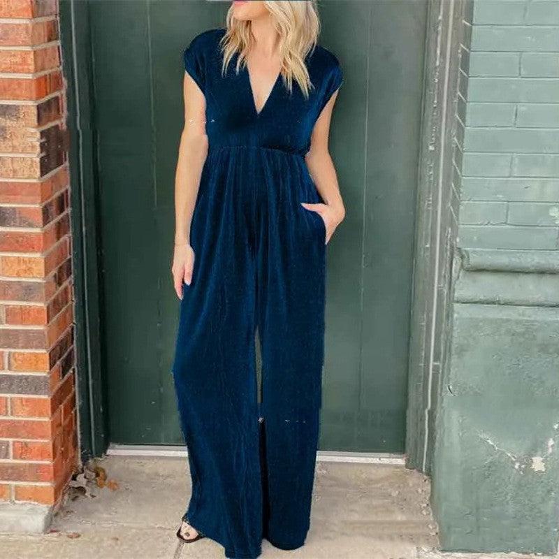 Cheky - V-neck Short-sleeved High Waist Long Jumpsuit