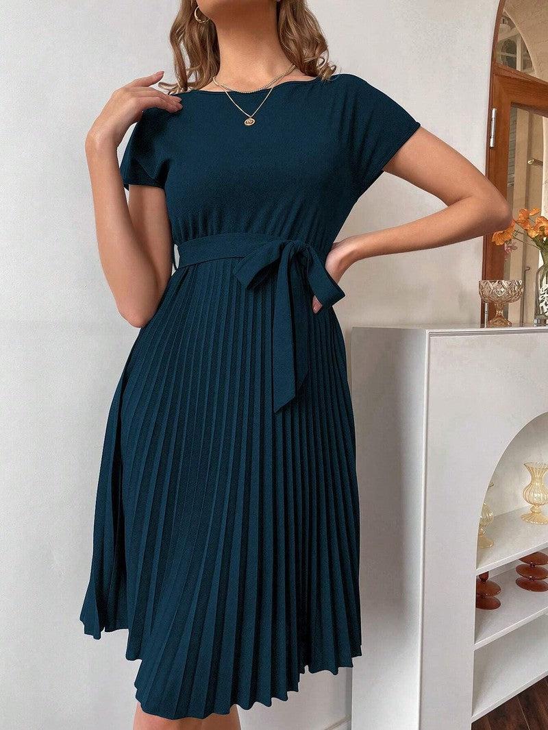 Cheky - Solid Color Belt Pleated Batwing Sleeve Women Long Dress