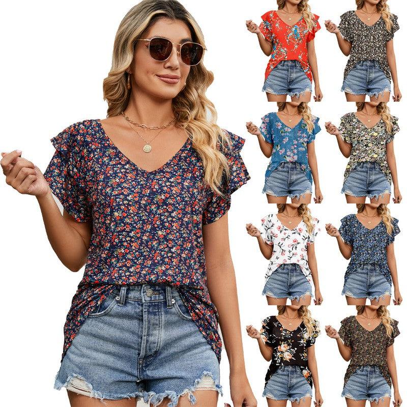 Cheky - Women's Tops Casual V Neck Tops Ruffle Short Sleeve T Shirt Blouses