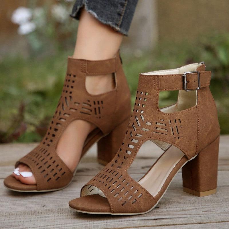 Cheky - New High Square Heel Hollow Roman Shoes With Back Zipper Design Summer Fashion Sandals For Women