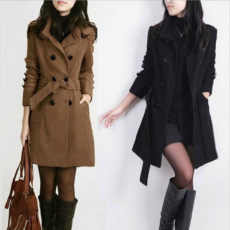 Cheky - Korean Style Slim Waist Plus Size Woolen Mid-length Woolen Coat