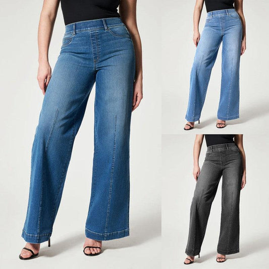 Cheky - Women's Straight Jeans Mid Waist Wide Leg Pants High Elastic Waist Trousers