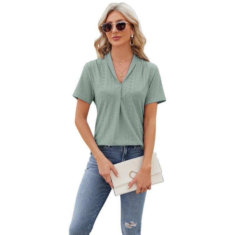 Cheky - V-neck Hollow Design T-shirt Summer Loose Short-sleeved Top For Womens Clothing