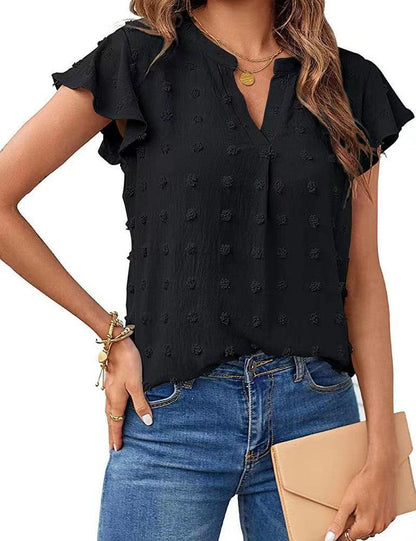 Cheky - Women Summer V Neck Ruffle Short Sleeve Blouse Dot Flowy Shirt Top