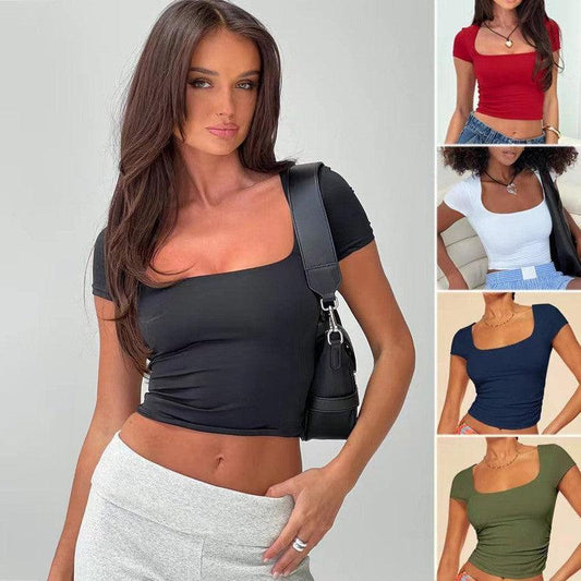 Cheky - New Slim Short-sleeved T-shirt Summer Fashion Sexy Solid Color Square-neck Tops Womens Clothing