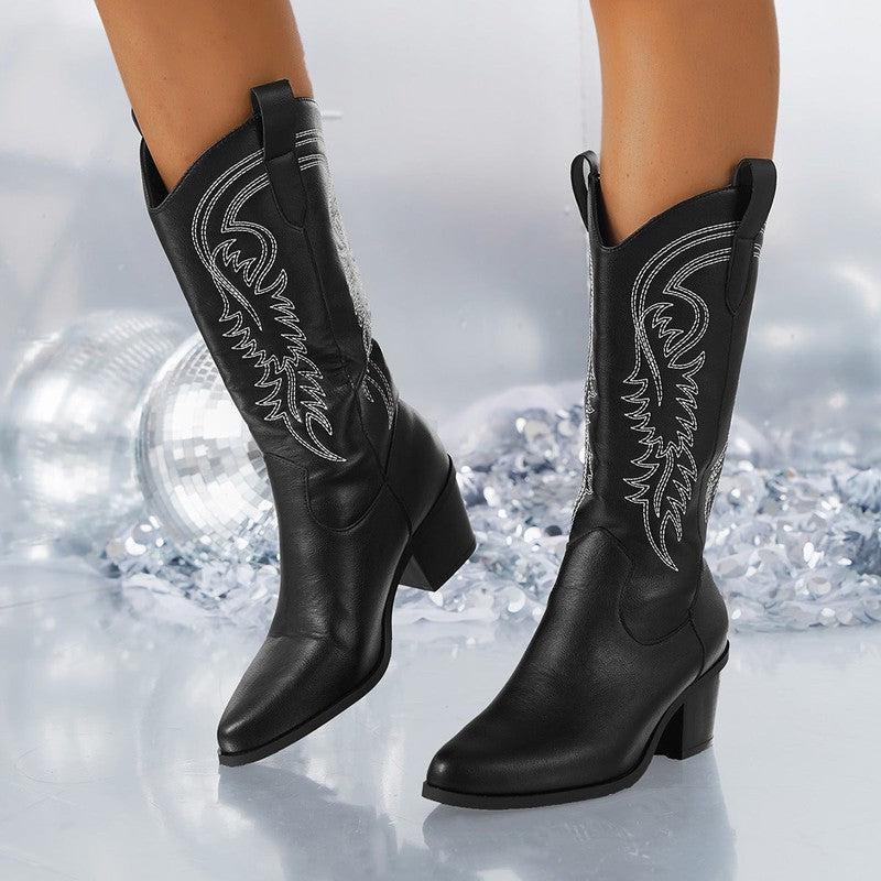 Cheky - White Knight Boots Fashion Embroidered Pointed Toe Square Heel Mid-calf Western Boots Women Autumn Winter Shoes