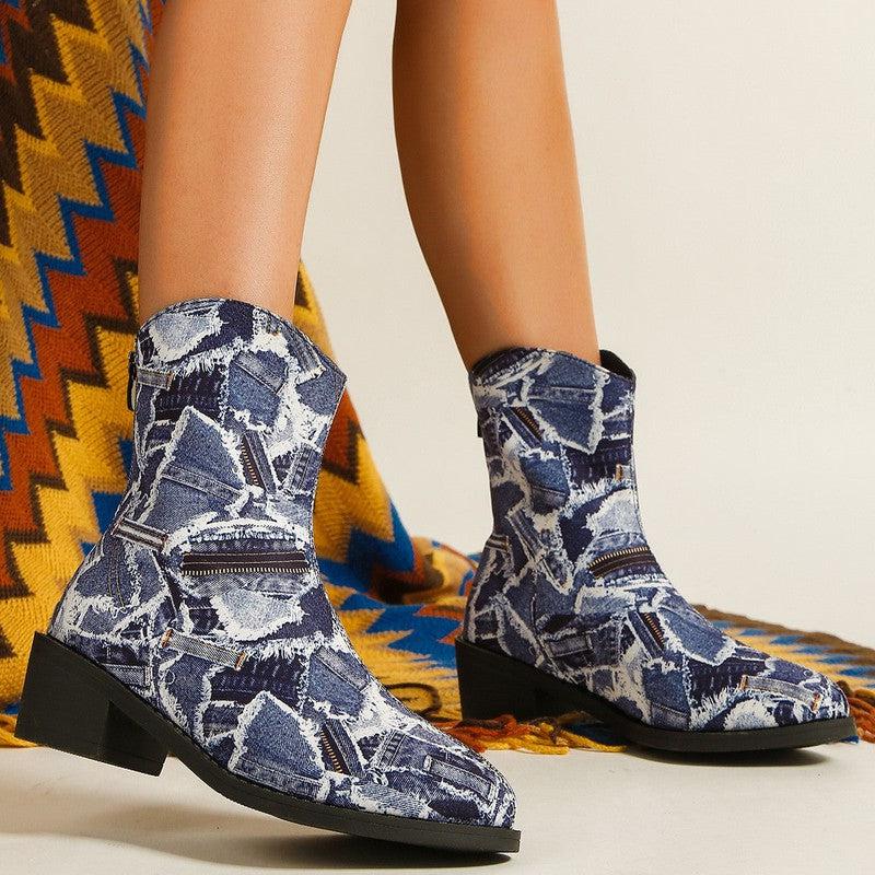 Cheky - Patchwork Denim Boots Fashion Autumn And Winter Outerwear Round Toe Square Heel Shoes With Back Zipper Casual Cowboy Boots