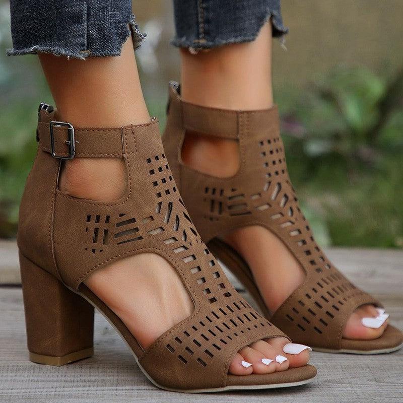 Cheky - New High Square Heel Hollow Roman Shoes With Back Zipper Design Summer Fashion Sandals For Women