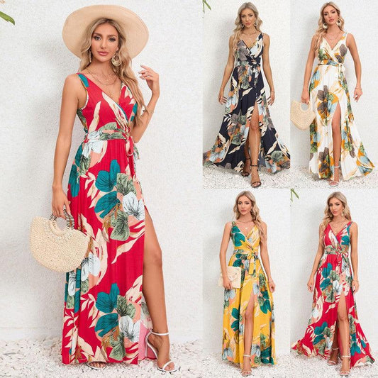 Cheky - V-neck Floral Print Long Dress Summer Fashion Waist Tie Slit Design Sleeveless Dress For Womens Clothing