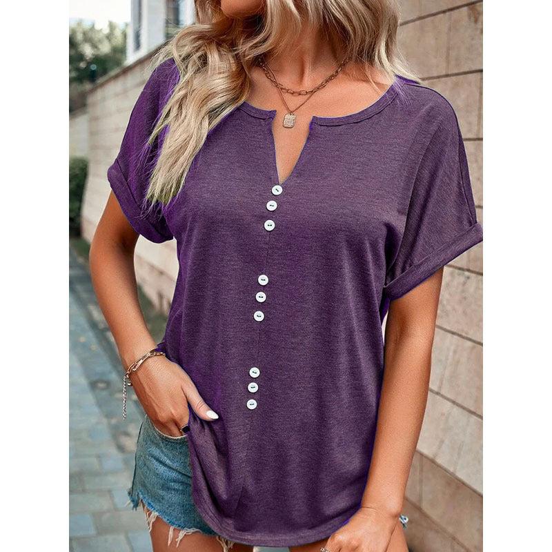 Cheky - V-neck Short Sleeve Tops Shirt Summer Button Design Blouse