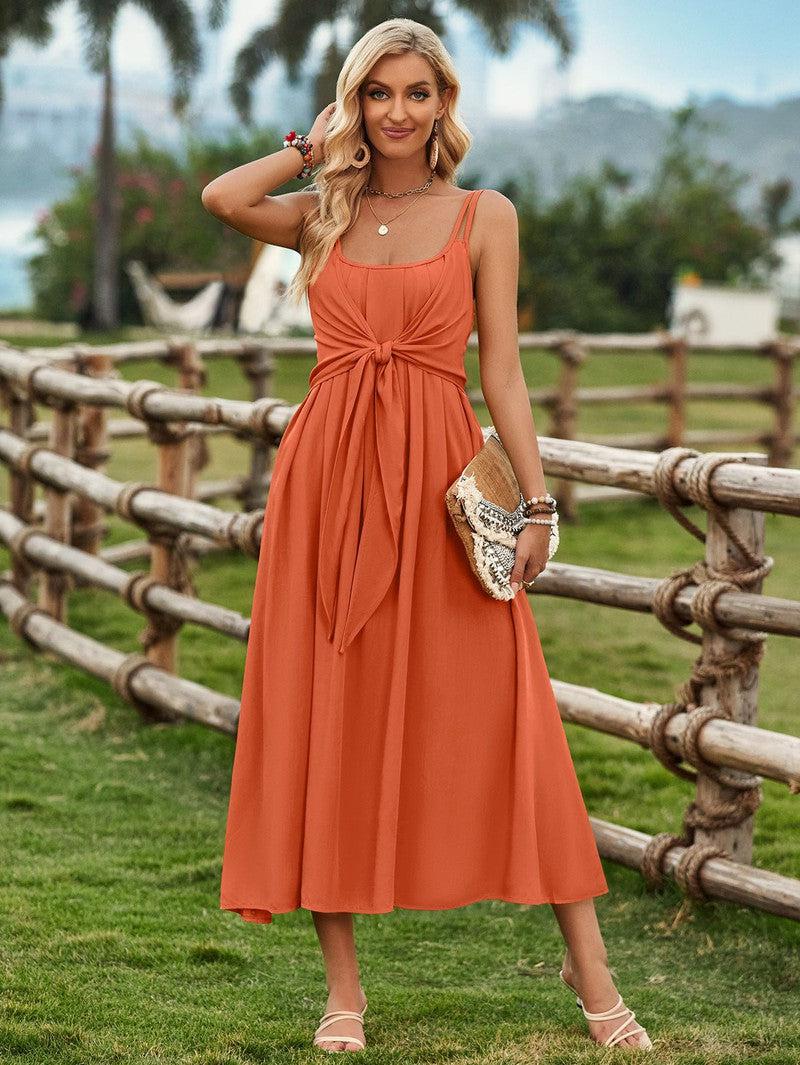 Cheky - Solid Color Suspender Long Dress Spring And Summer Bow Waist Tie Design Dress Womens Clothing