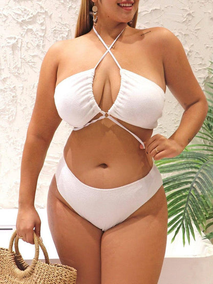 Cheky - New Sexy Strap Solid Color Plus Size Bikini Fat Woman Swimsuit Plus Size Swimwear