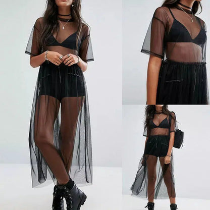 Cheky - Sexy Women Party Evening Black See Through Mesh Dress Sheer Maxi Dress Tulle Lace long Dress Casual Sexy Party Vintage Bodycon