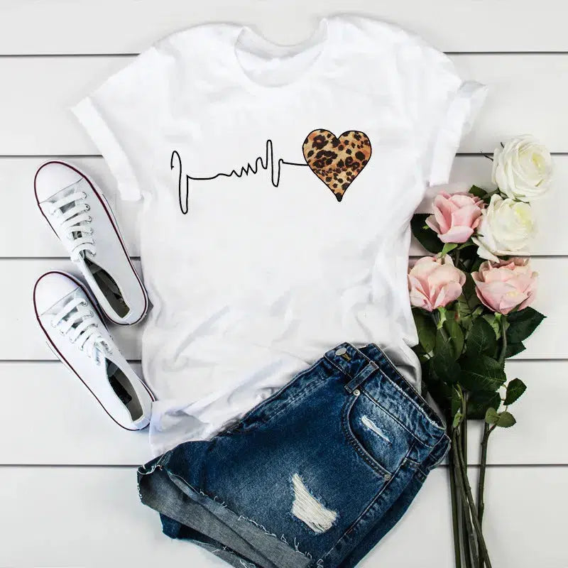 Cheky - Summer New 90 ’s Leopard Heartbeat Short Sleeve Print Clothing Women's T-Shirt Harajuku Graphic Clothing Women's Top,Drop Ship