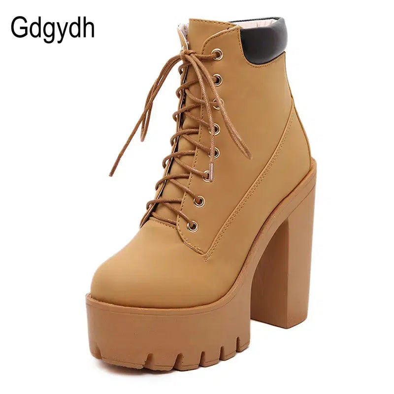 Cheky - Gdgydh Fashion Spring Autumn Platform Ankle Boots Women Lace Up Thick Heel Platform Boots Women's Chunky Heeled Short Boots