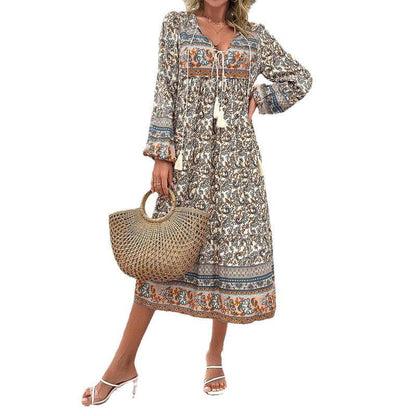 Cheky - Women's Fashion Casual Holiday Long Sleeve Printed Maxi Dress