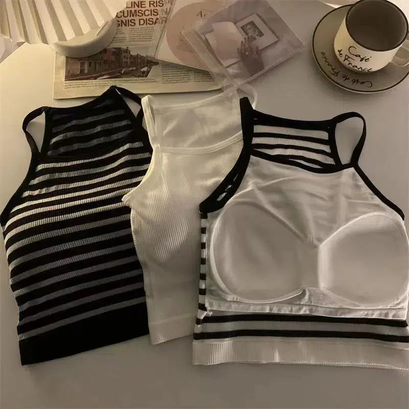 Cheky - Korean Version Women Tank Tops Thread Solid Casual Fashion Crop Top with Chest Pad Stripe Sleeveless Outer Wear Basic Camisole