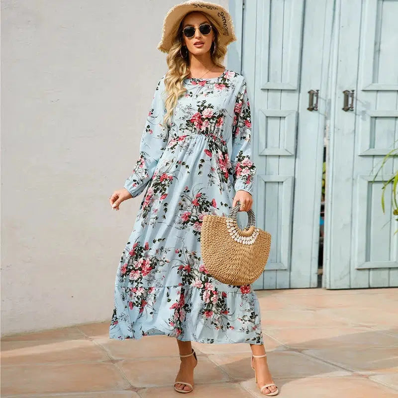 Cheky - 2023 Sping Summer Bohemian Women Maxi Dress Casual Long Sleeve High Waist Beach Woman Chiffon Dresses Floral Vestidoes Mujer New