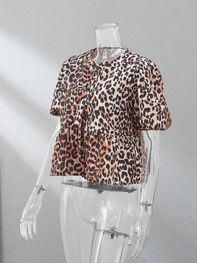 Cheky - Fashion Leopard Printed Hollow Out Shirt Women Causal O Neck Short Sleeved Lace Up Tops New Chic Female Casual Streetwear 2024