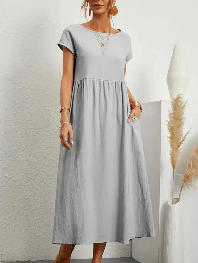 Cheky - Elegant Solid Maxi Dress - Women's Vintage Cotton Linen Sundress with Pockets