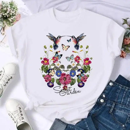 Cheky - Short Sleeve Butterfly Bow Sweet Flower Fashion Summer Women Print T Shirt Female Casual Top Tshirts Cartoon Graphic Tee T-Shirt