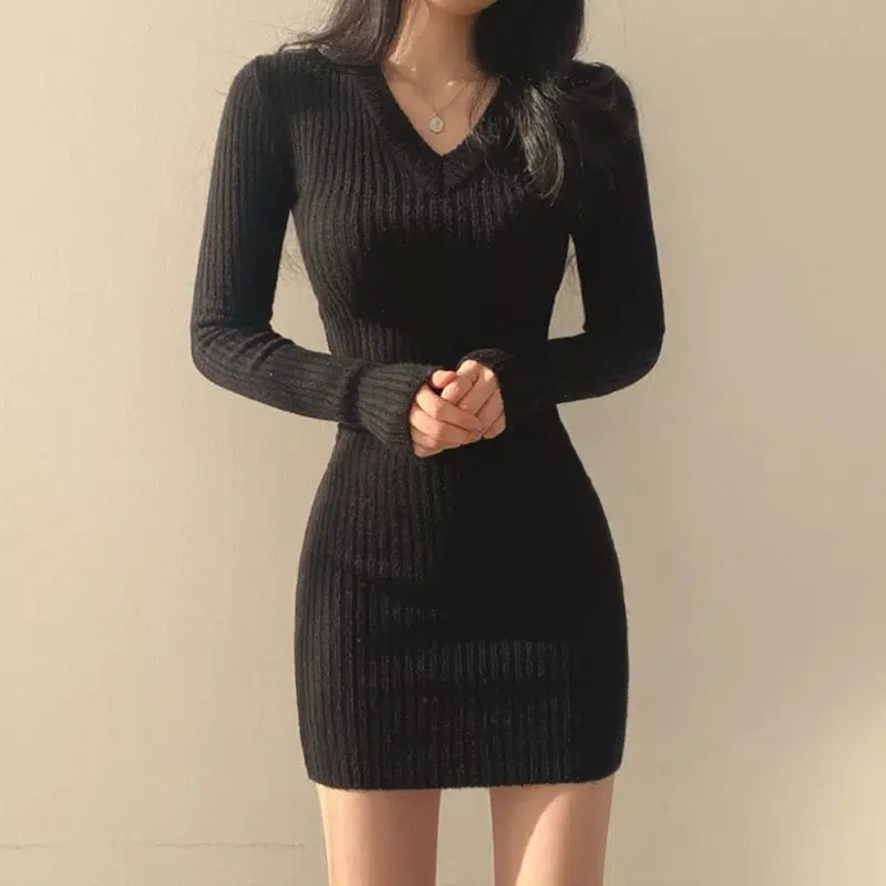 Cheky - Combhasaki Women Retro Knitted Mini Bodycon Solid Color V-Neck Long Sleeve Wrapped Hip Dress Autumn Winter Slim Sweater Vestido