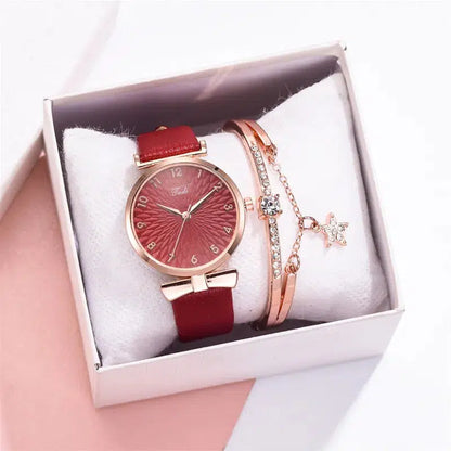 Cheky - 2pcs Set Luxury Women Bracelet Quartz Watches For Women Leather Watch Ladies Sports Dress Wrist Watch Clock Relogio Feminino