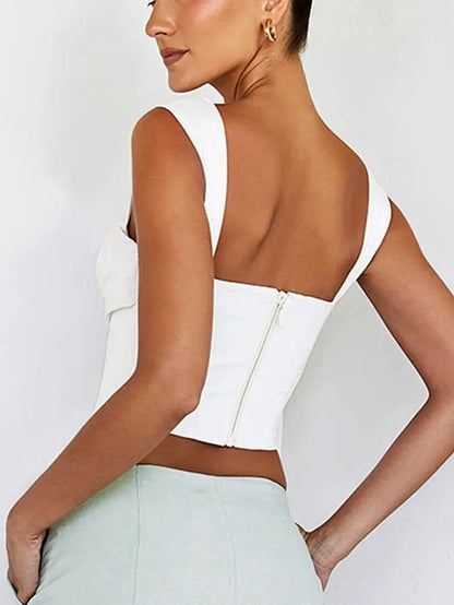 Cheky - White Boned Corset Top Cut out Ruched Double Layers Elastic Pads Zip Off Shoulder Tank Top Summer Sexy Fashion Top Women