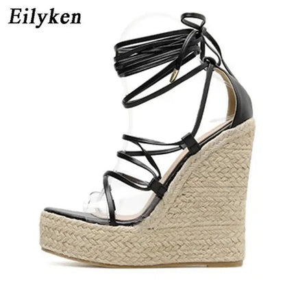 Cheky - Eilyken 2024 New Champagne Gold Wedges Sandals Women Lace-Up Peep Toe Summer High Heels Elegant Ankle Strap Shoes Large Size 42