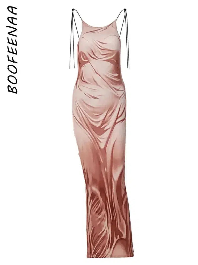 Cheky - BOOFEENAA 3d Print Lace Up Backless Maxi Dresses for Women Sexy Nightclub Outfits Y2k Aesthetic Bodycon Wet Dress C15-CZ27