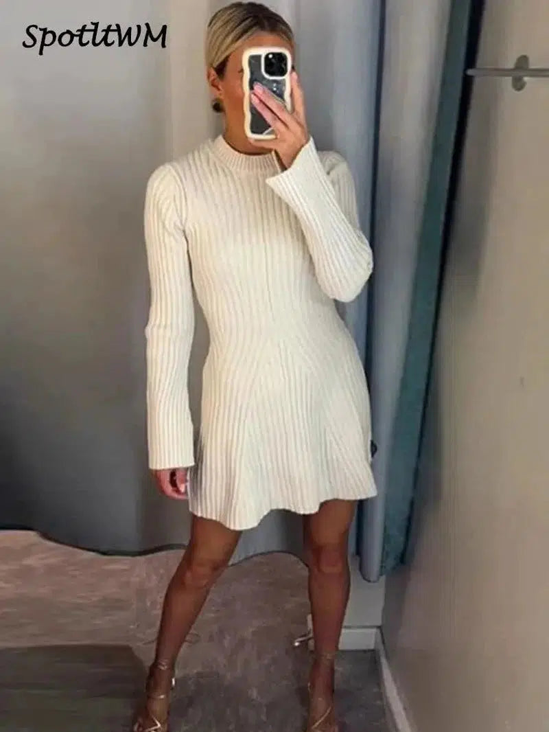 Cheky - Elegant Solid Ribbed Knitted Short Dress For Women Long Sleeve O Neck Mini Dresses Fashion Autumn Lady Party Club Vestidos