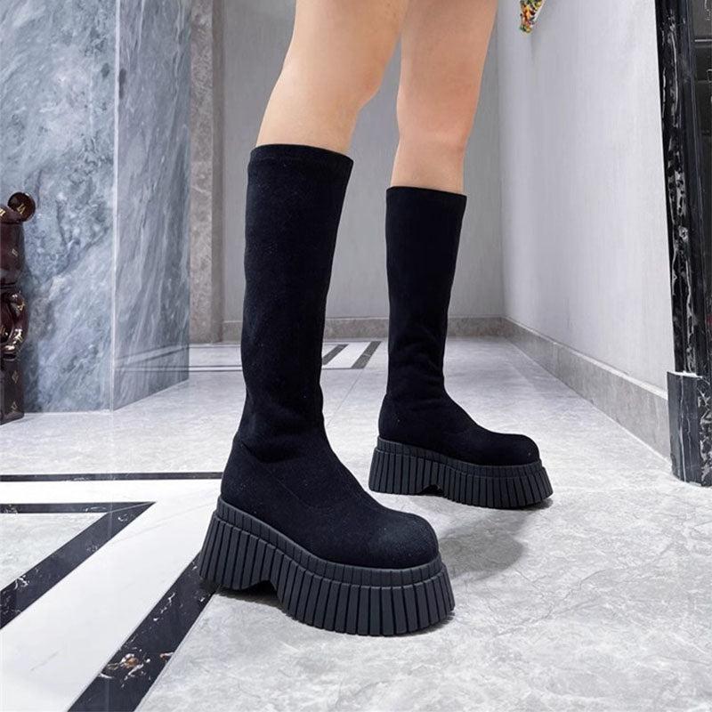 Cheky - Thick Sole Long Boots Solid Color New Fashion Trendy Fly-woven Elastic Shoes Women's Winter FootwearHigh Boots