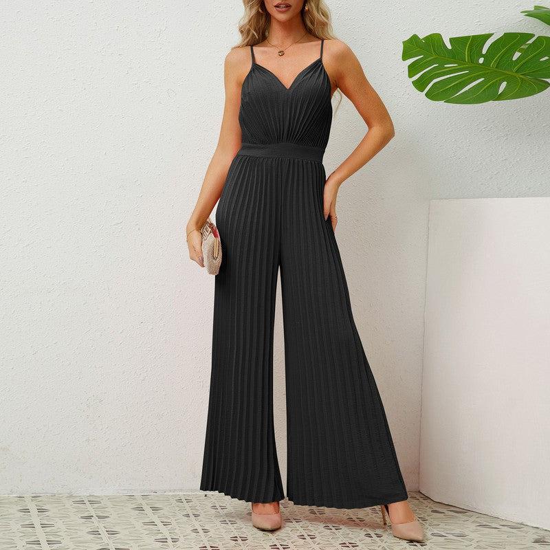 Cheky - V-neck Suspender Pleated Jumpsuit Solid Color Loose Straight Pants Womens Clothing