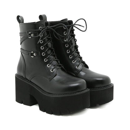 Cheky - Women's Round Head Lace-up Platform Waterproof Platform Thick Heel Dr Martens Boots