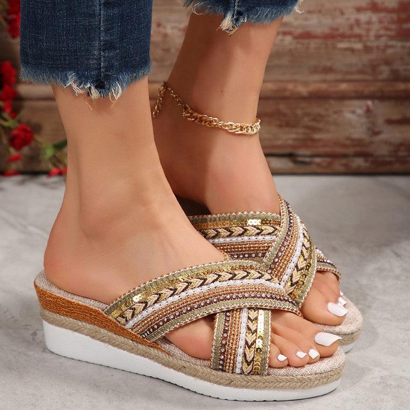 Cheky - Linen Wedge Sandals Summer Ethnic Style Cross-strap Sandals For Women Non-slip Slides Beach Shoes