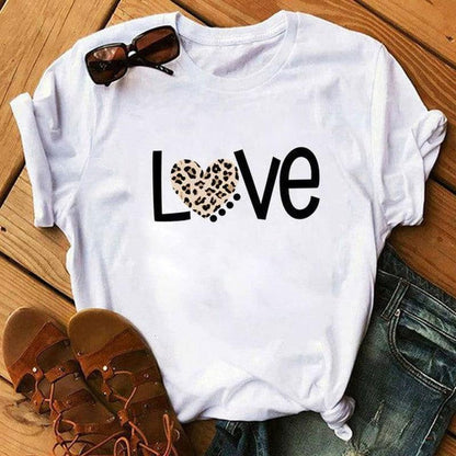 Cheky - Spring Women's Cartoon Leopard Print Heart Printing T-shirt