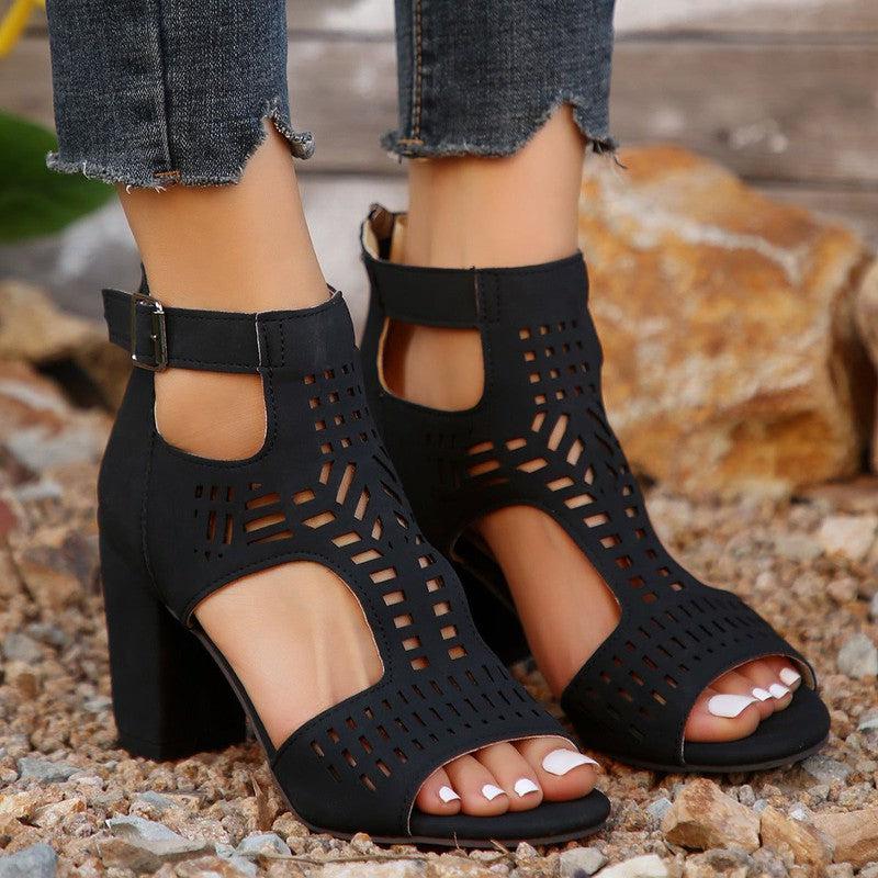 Cheky - New High Square Heel Hollow Roman Shoes With Back Zipper Design Summer Fashion Sandals For Women