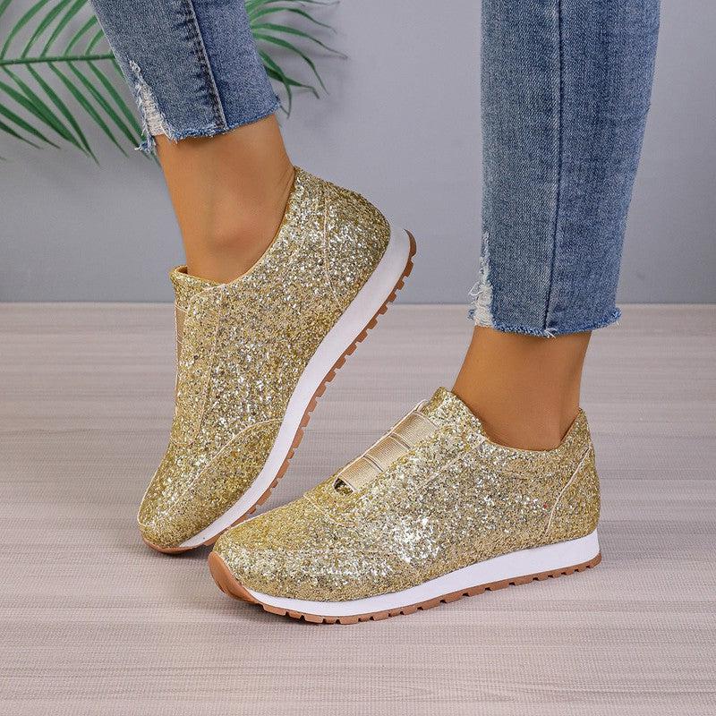 Cheky - Gold Sliver Sequined Flats New Fashion Casual Round Toe Slip-on Shoes Women Outdoor Casual Walking Running Shoes