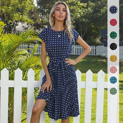 Cheky - Summer Women Polka Dot Short Sleeve Dress Casual Bandage Party Pleated Midi Dresses Elegant Green Office Lady Clothing