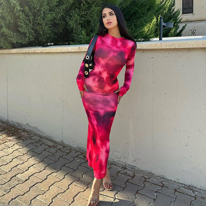 Cheky - Fashion Tie-dye Long-sleeved Dress Slim Fit Hip-hugging Long Dress Womens Clothing