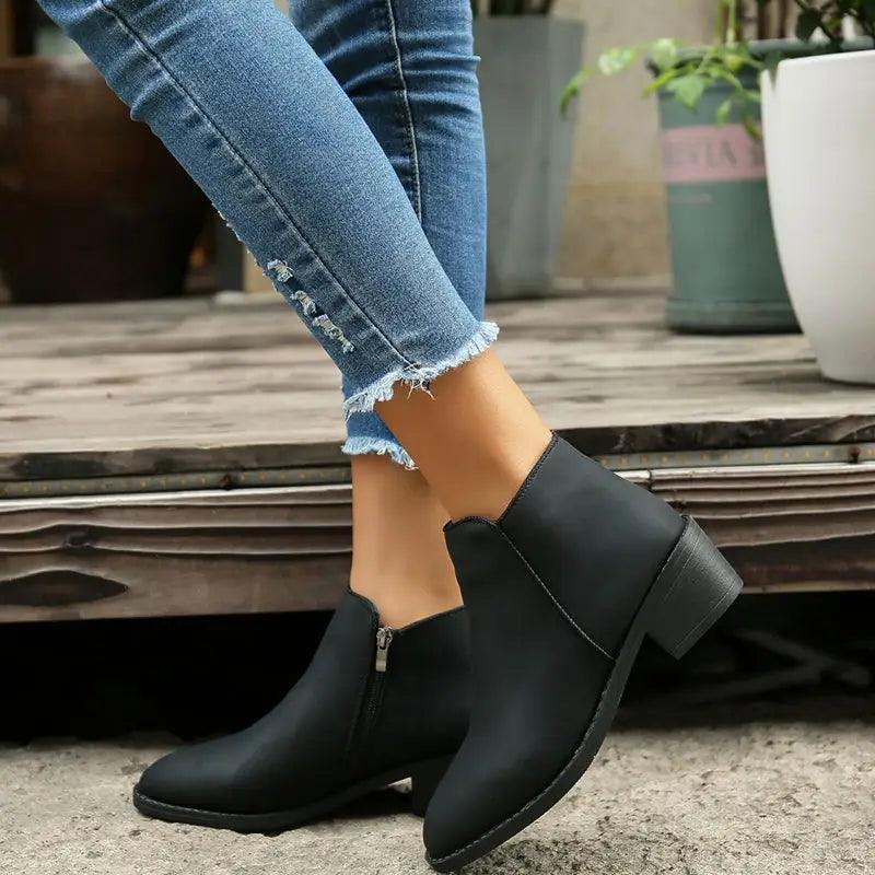 Cheky - Ankle Boots Women Chunky Mid Heel Shoes Waterproof Side Zipper Boots