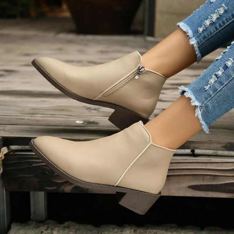 Cheky - Ankle Boots Women Chunky Mid Heel Shoes Waterproof Side Zipper Boots