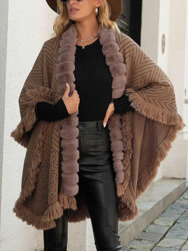 Cheky - Autumn And Winter New Luxury Wool Collar Tassel Shawl Sweater Cloak