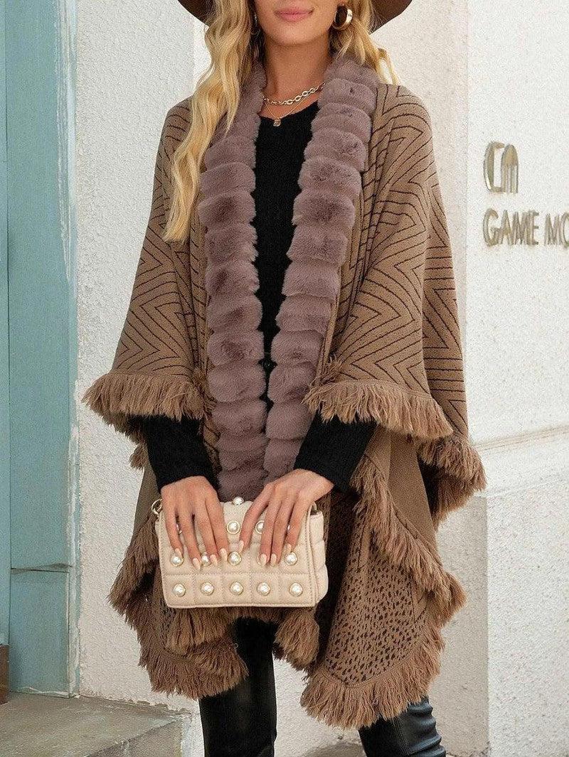 Cheky - Autumn And Winter New Luxury Wool Collar Tassel Shawl Sweater Cloak